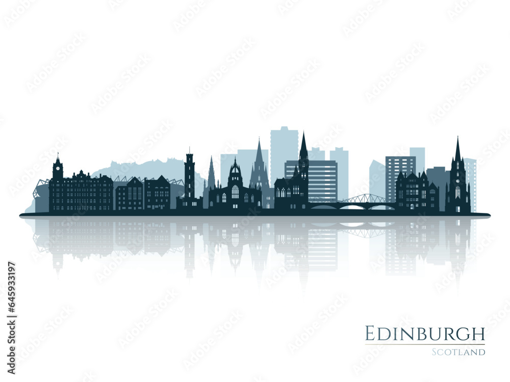 Edinburgh skyline silhouette with reflection. Landscape Edinburgh, Scotland. Vector illustration.