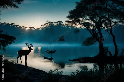 At twilight  focus on the silhouettes of animals against the backdrop of a serene landscape     a deer by the water s edge  a bird on a branch     celebrating the coexistence of life and nature.  