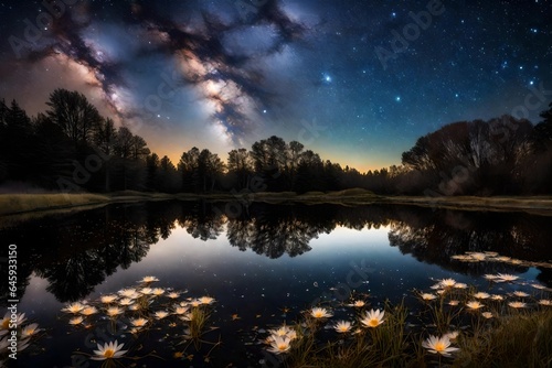 Under a star-studded sky, a closeup of a tranquil pond captures the reflection of the cosmos above. The scene invites contemplation and connection with the vast universe. 