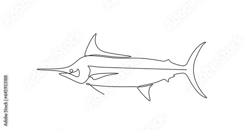 Fresh Marlin, Swordfish, Sailfish in continuous line art drawing style. Marlin, Swordfish, Sailfish fish concept in doodle style on white background. Vector illustration