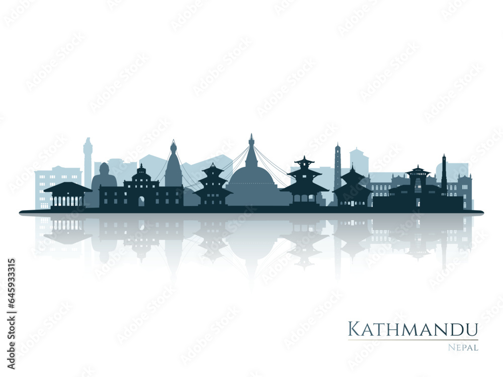Kathmandu skyline silhouette with reflection. Landscape Kathmandu, Nepal. Vector illustration.