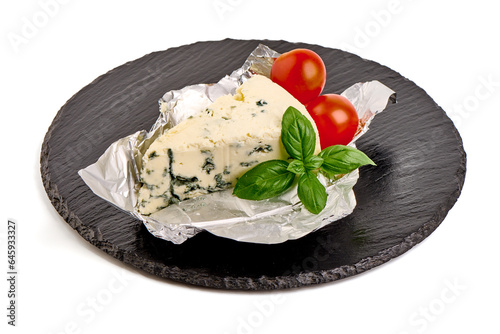 Blue cheese pieces, gorgonzola, isolated on white background.