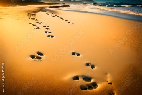 On a golden sandy beach, closeup footprints are gently erased by the incoming tide. The foamy embrace of the waves adds an element of movement and life to this tranquil coastal panorama. 