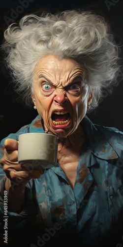 Angry old woman before coffee