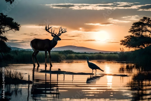 At twilight, focus on the silhouettes of animals against the backdrop of a serene landscape – a deer by the water's edge, a bird on a branch – celebrating the coexistence of life and nature. 