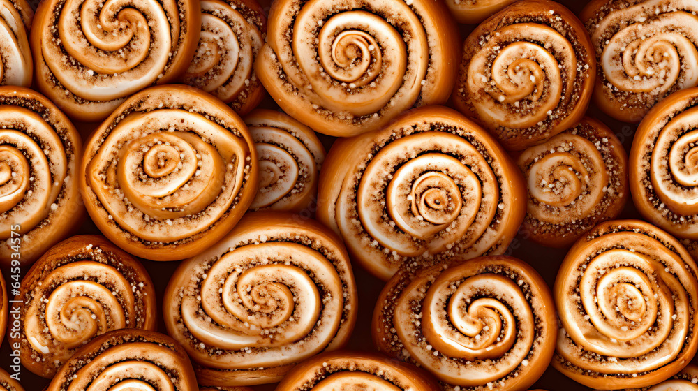 Seamless photo of Freshly Baked Cinnamon Buns with frosting, looking delicious and yummy. Top-down view.  Seamless texture.