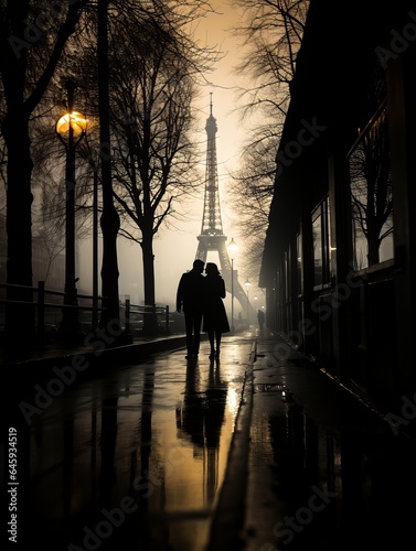 A couple in love walking in front of Eiffel tower