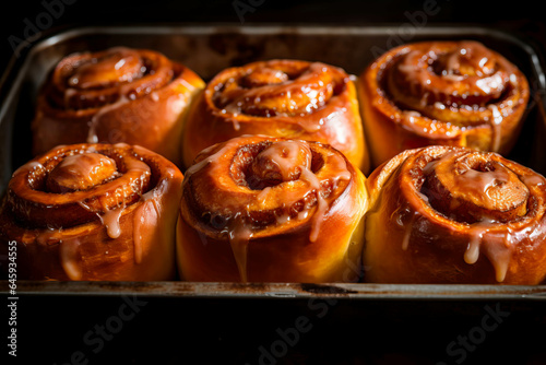 Freshly Baked Cinnamon Buns with frosting, looking delicious and yummy. Close up with shallow field of view.