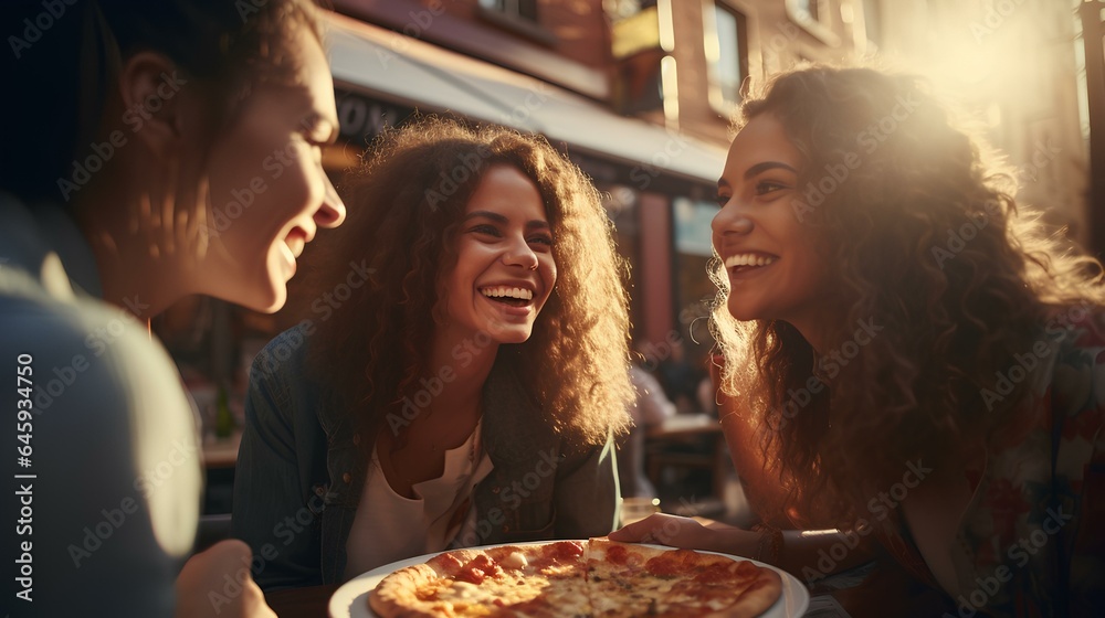 Three young female friends eating pizza sitting outside, Happy women enjoying street food in the city. generative AI