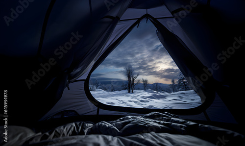 paysage hivernale vu depuis l'intérieur d'une tente de camping