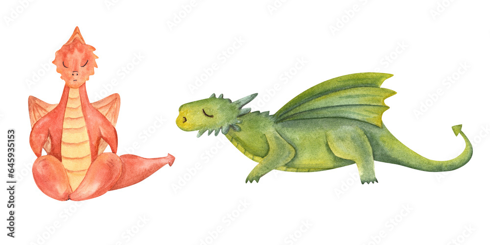 Obraz premium Orange and green Dragons doing yoga. Plank Exercise, lotus pose. Winged animals meditation. Colored Dragon practicing fitness. Cartoon style. Hand drawn illustration for design.