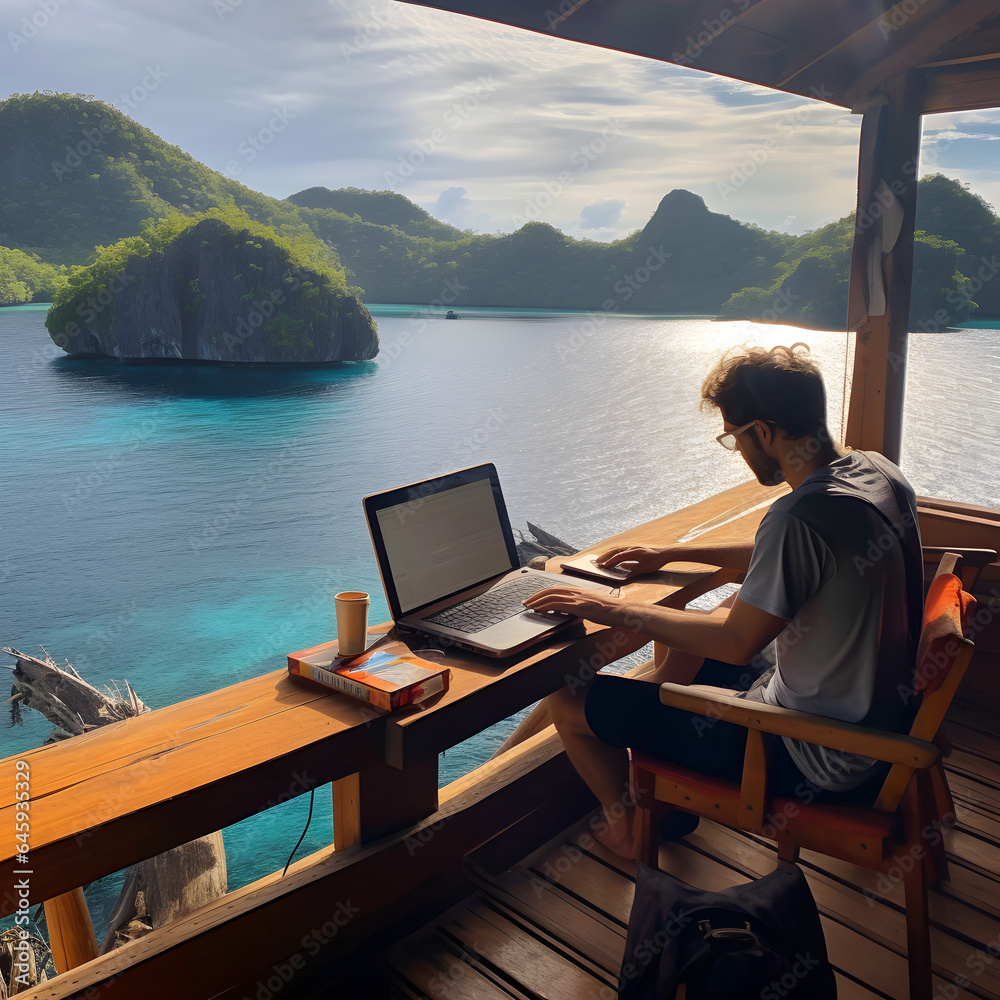 Remote Work Travel Adventures: combining productivity with exploration for the ultimate wanderlust experience. AI Generated