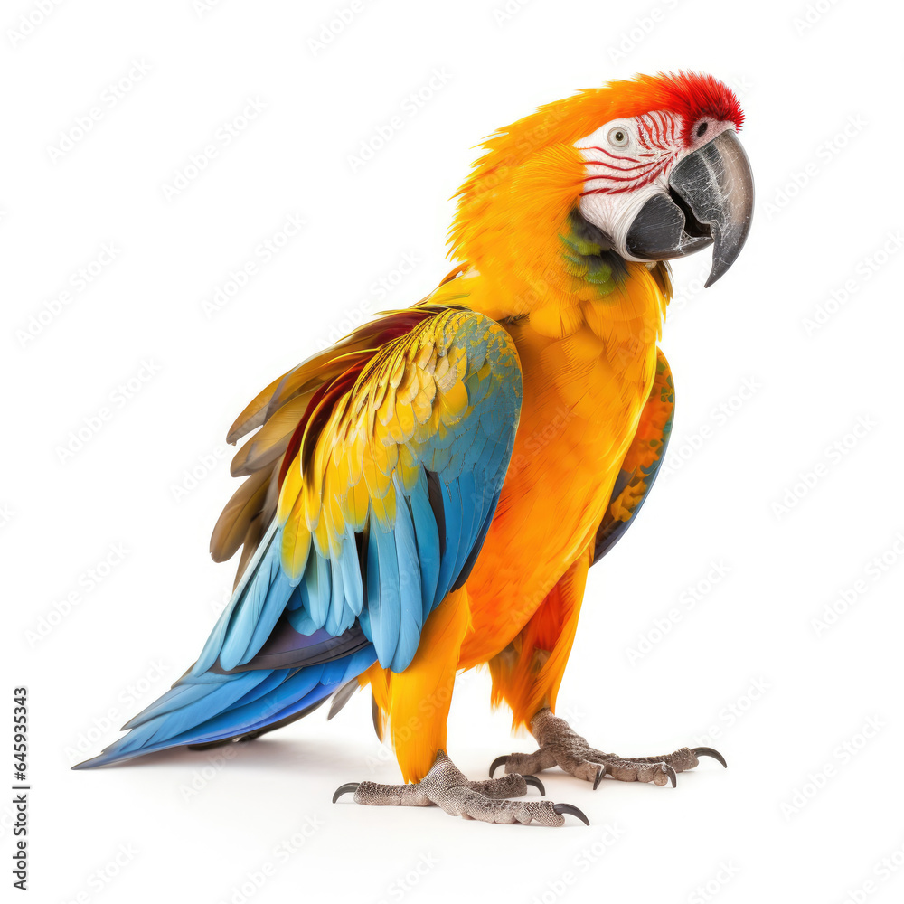 blue and yellow macaw on white background