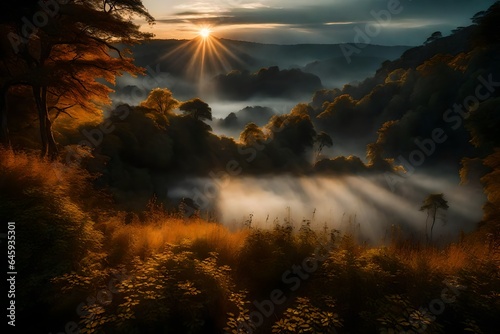 As the sun rises through a veil of mist, its warm light creates an otherworldly glow. Focus on the gentle transition from darkness to light, as nature awakens with a sense of anticipation.