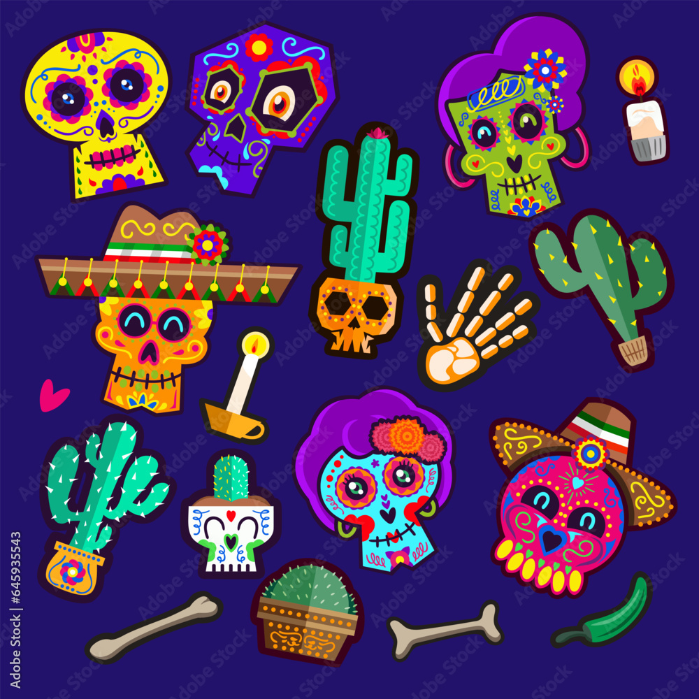 Fototapeta premium Day of the dead, Dia de los muertos. set of colorful Mexican decorations