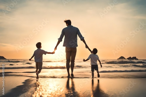 Travel, spinning and father with son at beach for bonding, support and summer break. Happy, playing and vacation with