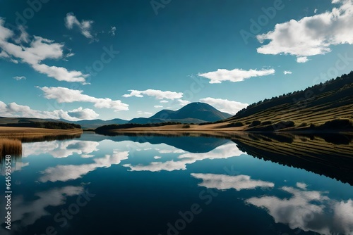 A serene lake nestled between rolling hills reflects the sky like a mirror. The ripples on the water's surface capture the tranquil surroundings – a moment frozen in time.  