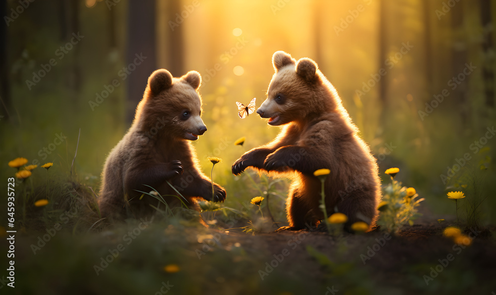 deux oursons en train de jouer avec un papillon dans une forêt le matin