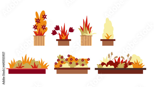Set of icons from 7 autumn flower beds, elements of urban infrastructure and city parks illustrations in a flat style.