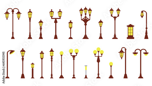 Set of icons from 22 modern and vintage lanterns of elements of urban infrastructure and city parks, illustrations in a flat style.