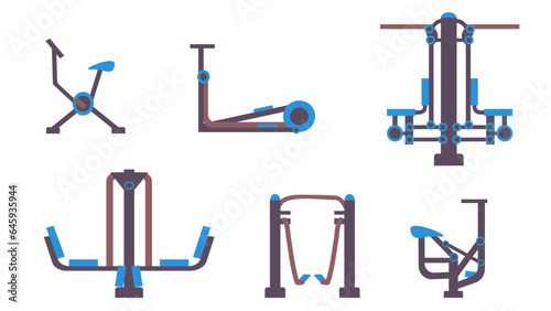 Set of 6 outdoor exercise equipment icons for outdoor sports in a flat cartoon style..Elements of urban infrastructure.
