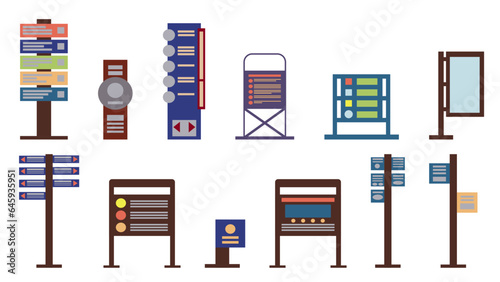Set of icons from 12 modern information boards and pillars, elements of urban infrastructure and urban parks, illustrations in flat style