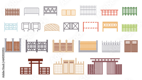 Set of 23 icons of fences and gates, elements of urban infrastructure, gates for the eastern garden. illustrations in a flat cartoon style.