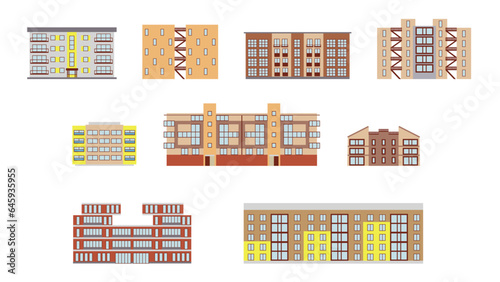 Set of 9 icons of modern multi-storey apartment buildings, elements of urban infrastructure, illustrations in a flat style.