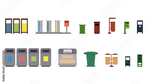Collection of 16 garbage cans, garbage cans for garbage separation, park bins, containers for dog waste. Elements of urban infrastructure and urban park, illustrations in a flat style.