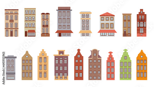 Set of 17 old houses in the historical center of the city, elements of urban infrastructure, illustrations in a flat style. Cute European houses.