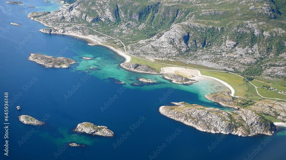 Aerial view of Lofoten Islands in Norway.