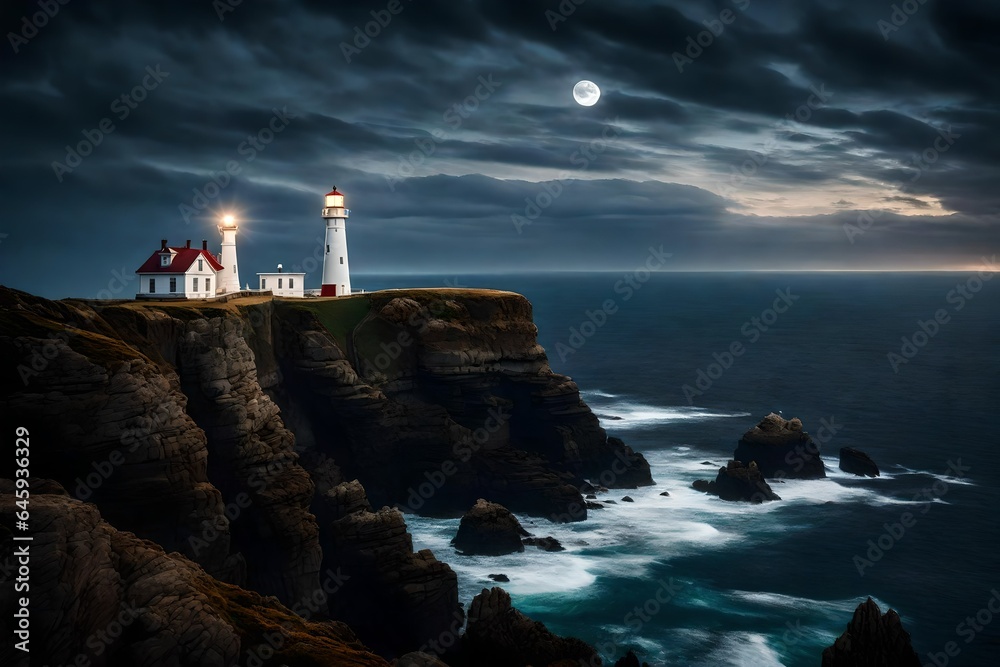 The elegance of a lone lighthouse perched on a rugged coastal cliff, guiding ships through the night.  