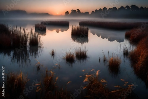 The ethereal mist rising from a tranquil marshland during the early hours of dawn.  