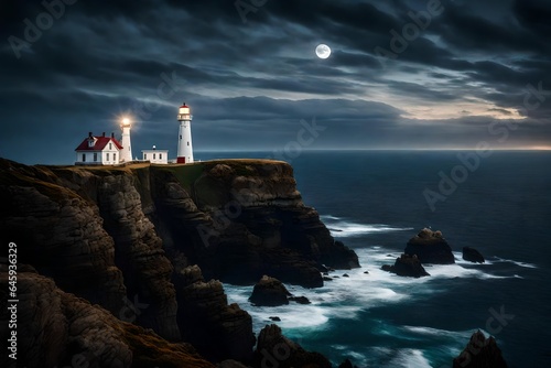 The elegance of a lone lighthouse perched on a rugged coastal cliff, guiding ships through the night. 
