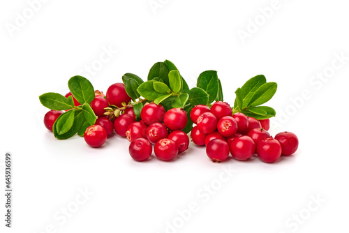 Cranberry with leaves, close-up, isolated on white background.