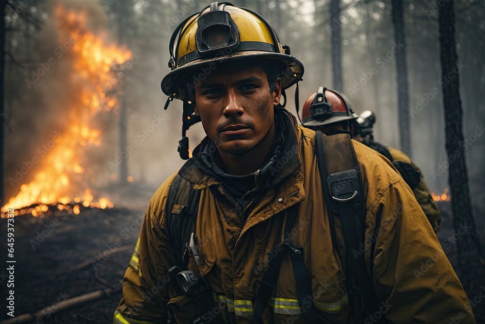 Brave firefighter while putting out a forest fire. ai generative