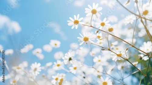 Beautiful blurred spring background. nature with blooming glade chamomile  trees and blue sky on a sunny day. generative AI 