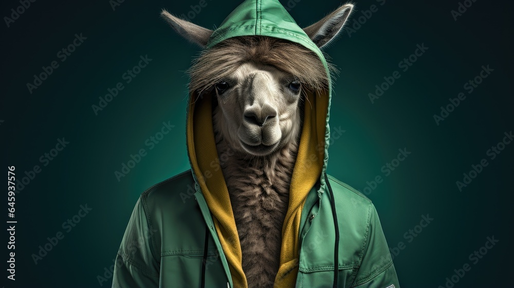 A llama in a green jacket and green hoodie