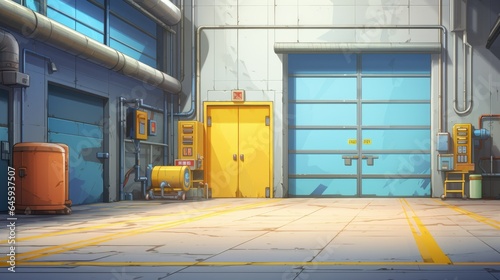 large warehouse with a yellow and blue floor