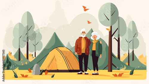 copy space, vector illustration, simple design, simple colors, old couple in the camp active seniors characters vector illustration/ Elderly people camping outdoors.