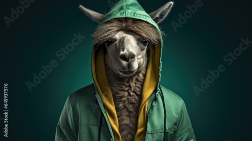 A llama in a green jacket and green hoodie