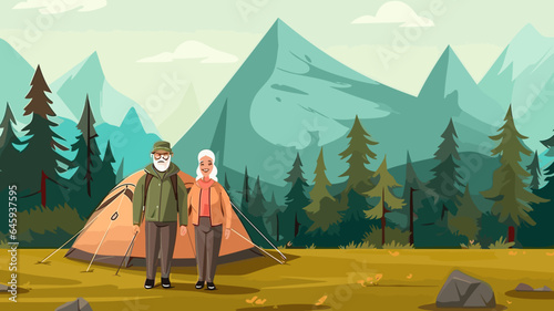 copy space, vector illustration, simple design, simple colors, old couple in the camp active seniors characters vector illustration/ Elderly people camping outdoors.