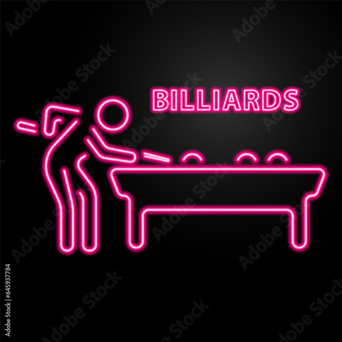 billiards neon sign, modern glowing banner design, colorful modern design trend on black background. Vector illustration.