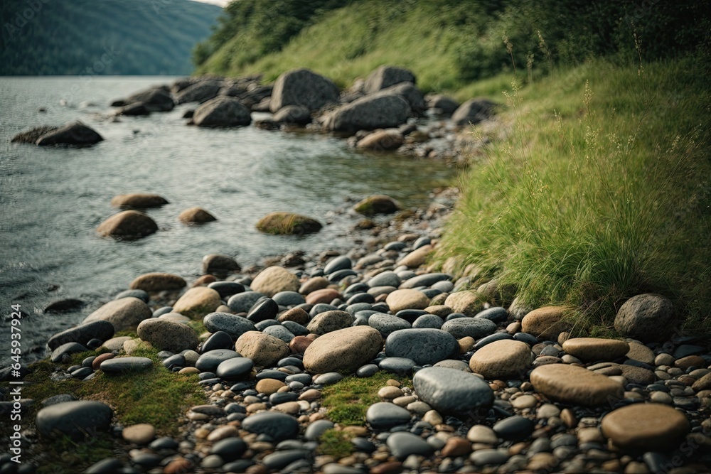 Obraz premium Still life by the water with stones grass and water. ai generative