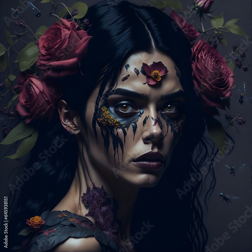 Illustration of a girl in the image of a fairy with a wreath of flowers. Skull make-up on the face. Day of the Dead character from Mexico. Image for design projects. I Generative AI. photo