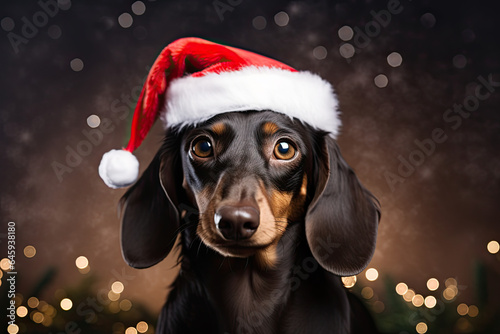 Dachshund dog wearing a red Christmas hat