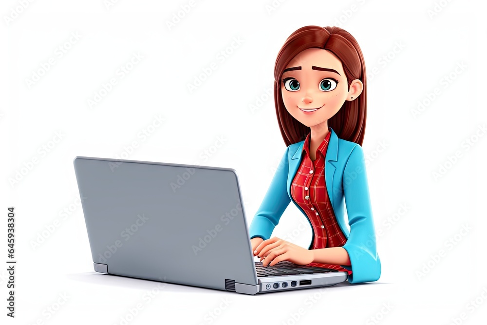 3D icon Young business woman working at laptop. ai generative 3D icon Young business woman working at laptop. ai generative