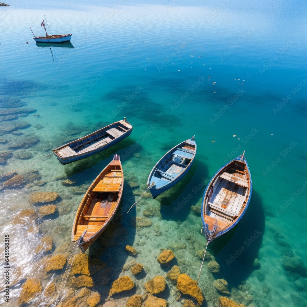 Obraz premium Summer beach with reef, sunny day and calm sea, fishing boats sail the ocean. Minimalistic composition of rest and enjoyment