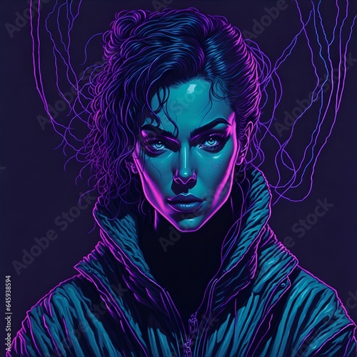 Illustration of a girl in 80s-90s cyberpunk glam style. Retro anime style. Concept for games and poster design. Generative AI.