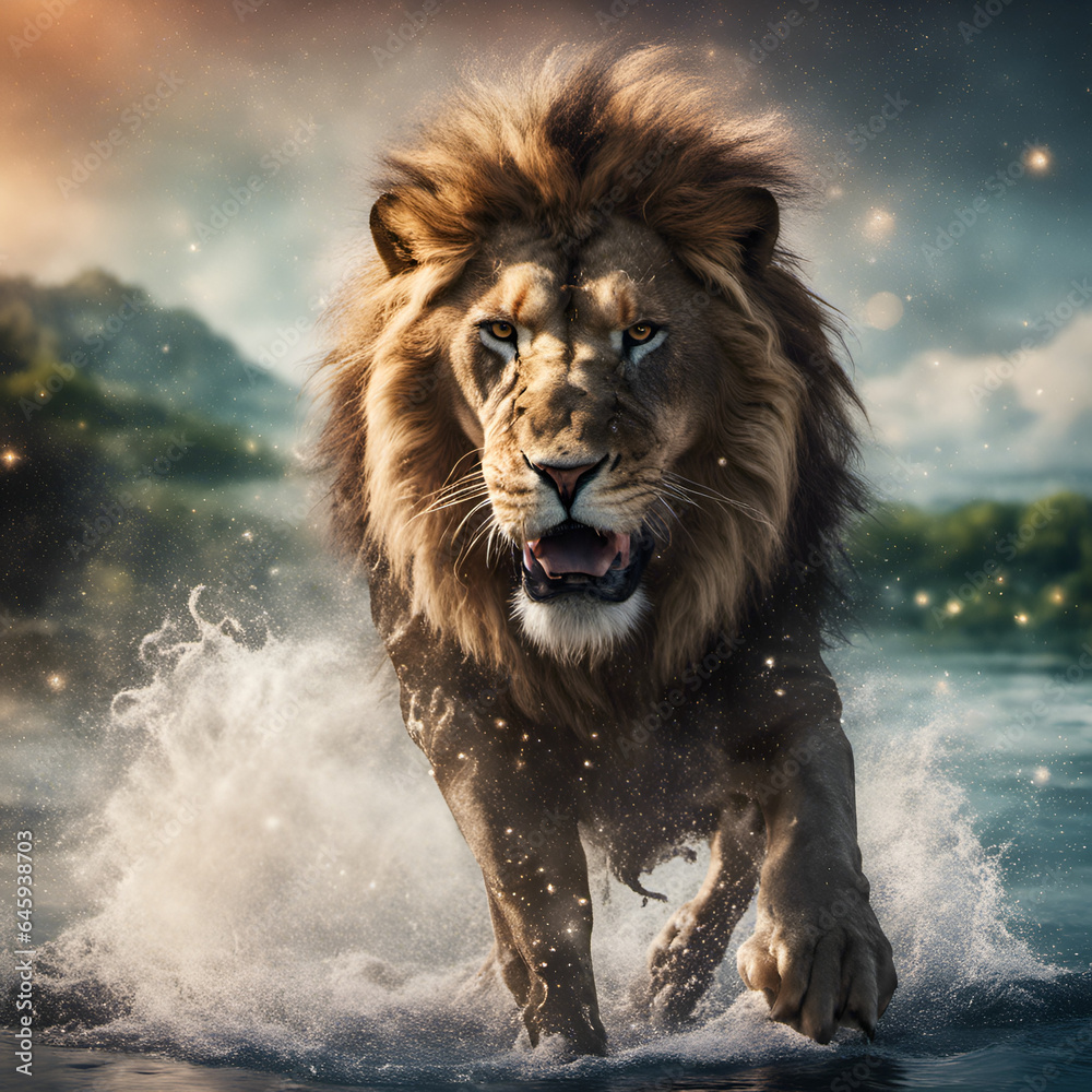 A lion running across the river